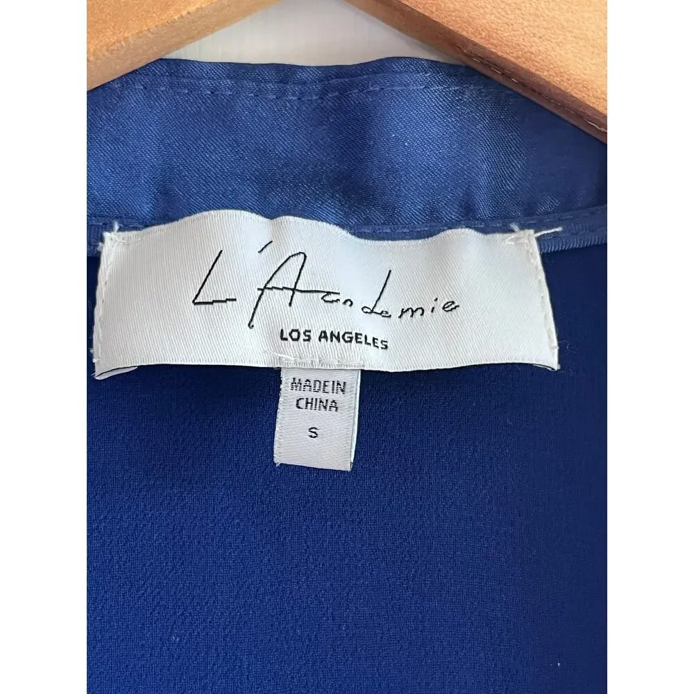 ✨ L'Academie The Wrap Blouse in Navy Blue | Satin Luxe Sz S | Revolve✨ - Picture 5 of 8